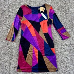 Trina Turk Purple Pink Sheath Dress 3/4 Sleeve Crew Neck